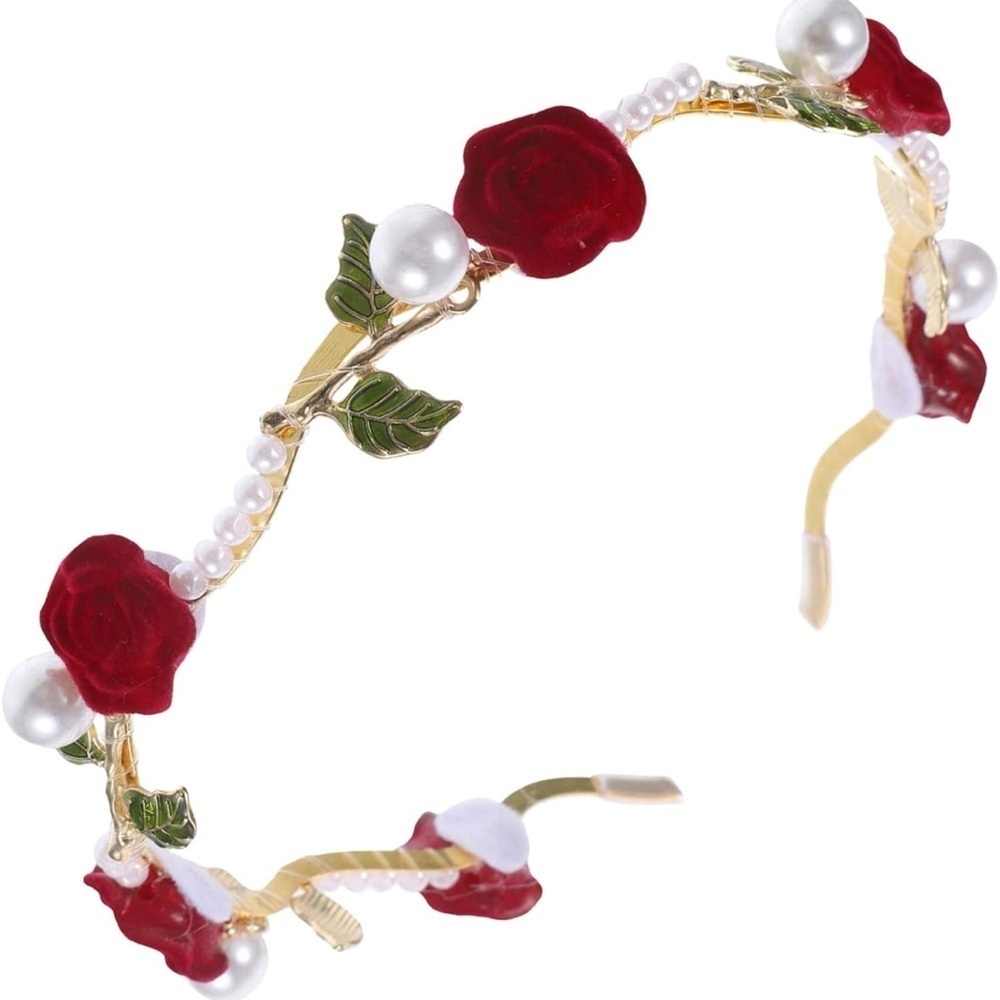 Elegant Red Rose and Pearl Headband Valentines Day fall beauty - Picture 2 of 3